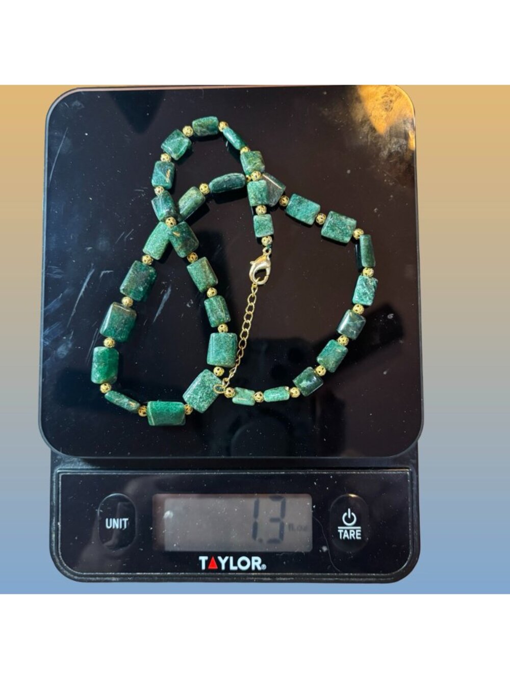 Green Semi Precious Stone Gold Tone Necklace Bracelet Set Adjustable Vintage - Picture 7 of 13